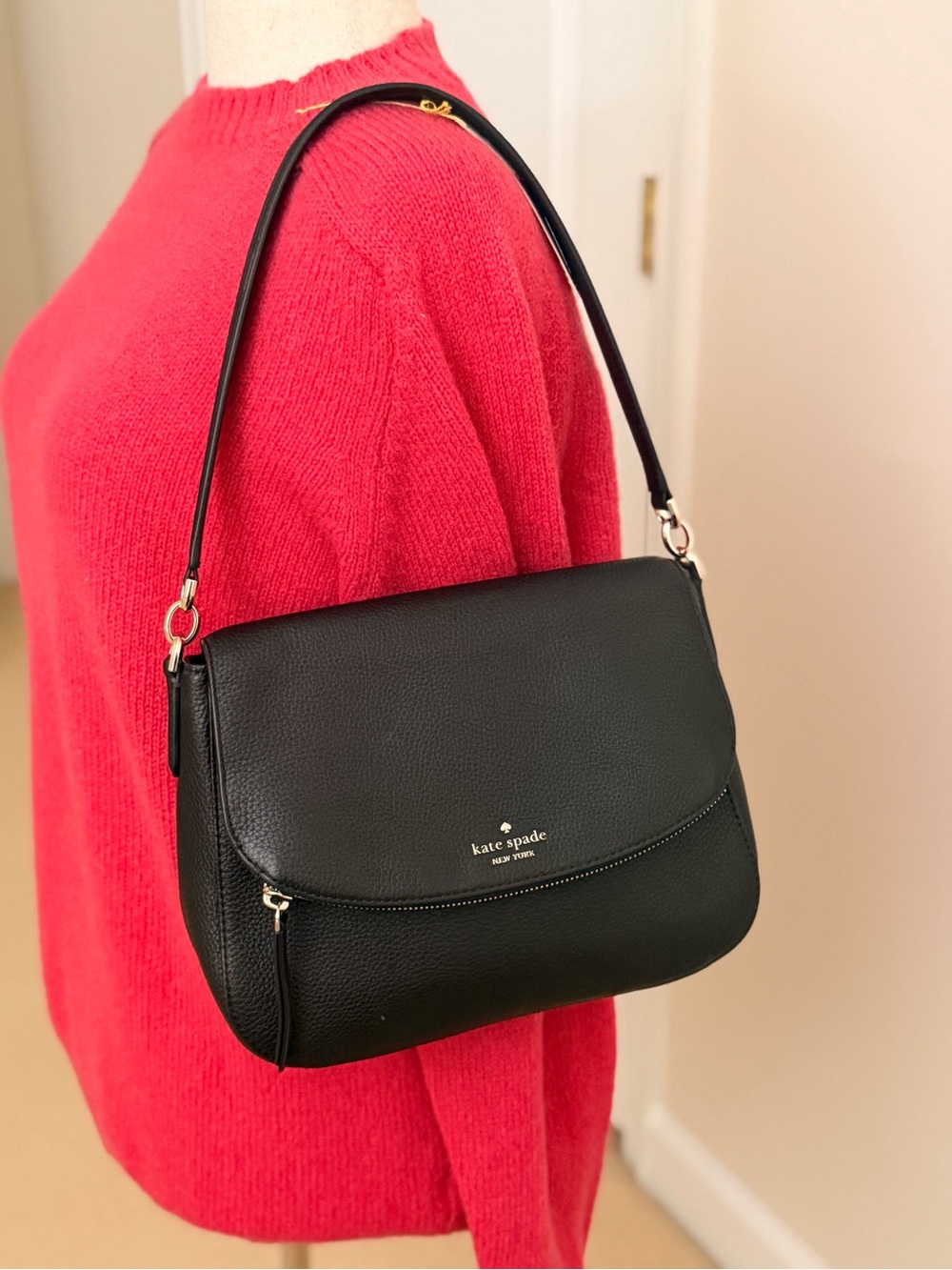 Kate Spade Black Pebbled Leather Shoulder Bag Gold Hardware